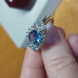 Silvertone Purple Faux Amethyst Stone With Clear Accents Ring Size 10